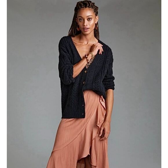 Anthropologie Classic Pointelle Cardigan size Small S Black Cable Knit Button Fr - Picture 2 of 11